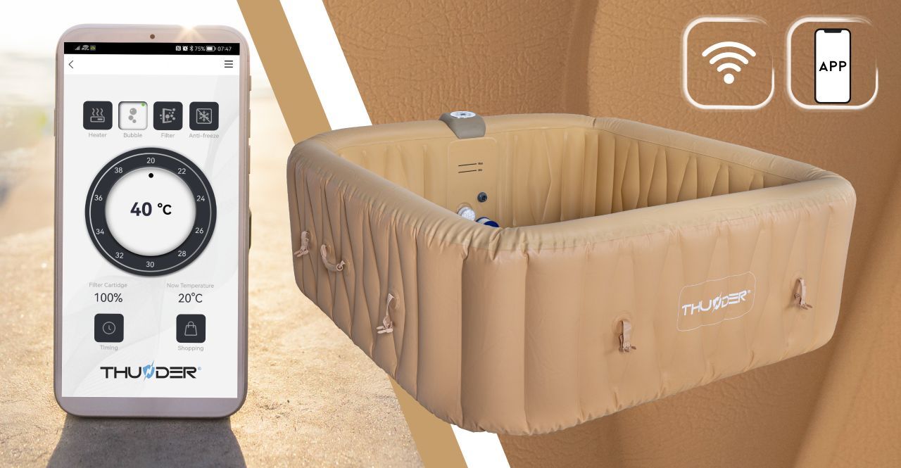 THUNDER - FRAPPE SPA - VÍZMELEGÍTŐS FELFÚJHATÓ HIDROMASSZÁZS MEDENCE 130 FÚVÓKÁS JACUZZI RENDSZERREL - 185 x 185 x 65 CM THUNDER - FRAPPE SPA - VÍZMELEGÍTŐS FELFÚJHATÓ HIDROMASSZÁZS MEDENCE 130 FÚVÓKÁS JACUZZI RENDSZERREL - 185 x 185 x 65 CM