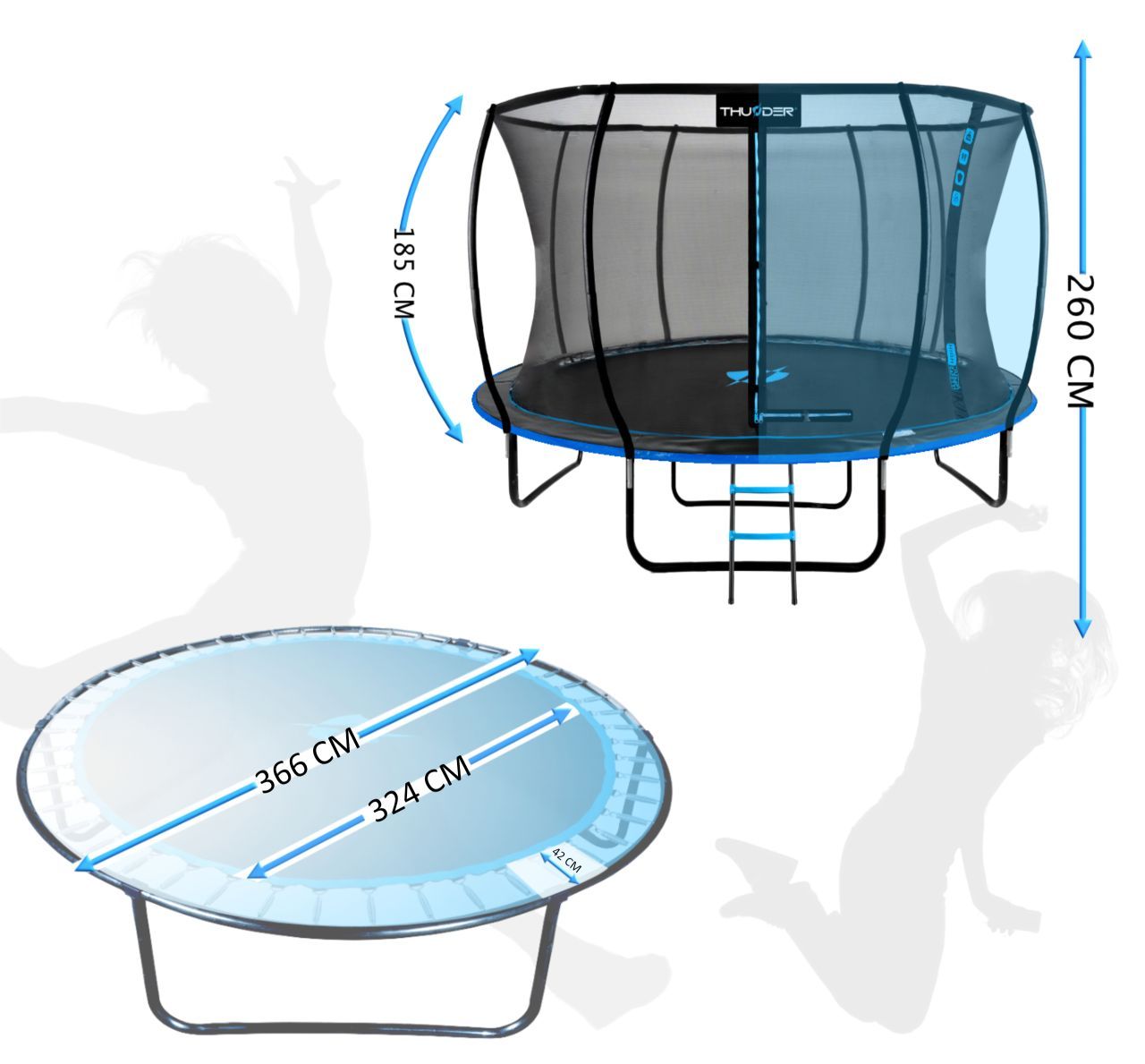 THUNDER OUTDOOR - INSIDE ULTRA 12 FT, BLUE - BELSŐ HÁLÓS SPORT TRAMBULIN 374 CM, FEKETE-KÉK(ELŐRENDELÉS)